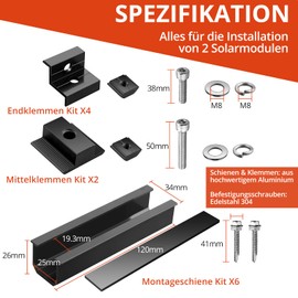 GETLITOOL Solar Panel Bracket, PV Bracket Mounting Set for Mounting 2 Modules 12 cm Aluminium Rail, Adjustable Clamp for 30-35 mm Modules, Solar Panel Bracket Flat Roof Trapezoidal Sheet Metal Tile Roof Black
