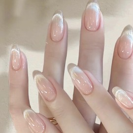 POKENGDA Nude Press on Medium Nails Design,Almond Acrylic Daily Shiny Fake Nails,Reusable Cat Eyes False Nail Kits for Women
