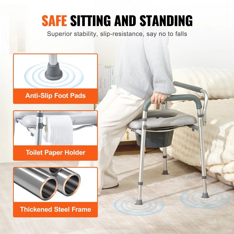 Adjustable Height Commode Chair With Removable Bucket Padded Seat Arms