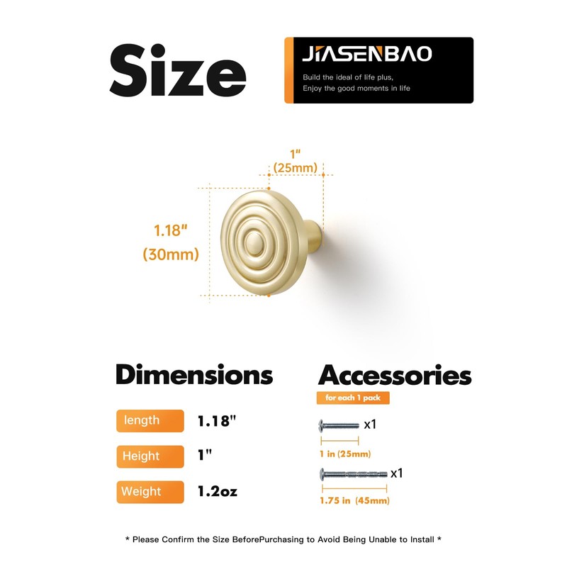JIASENBAO 5 Pack Gold Cabinet Knobs Round Brushed Brass Drawer