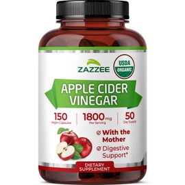 Zazzee USDA Organic Apple Cider Vinegar, With the Mother, 1800 mg per Serving, 150 Vegan Capsules, 50 Day Supply, Fermented ACV, Digestive Support Formula, All-Natural, Non-GMO, Made in the USA