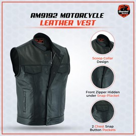 Daniel Smart Biker vest for Men Premium Cowhide Black Leather Motorcycle Vest Unique with Scoop Collar Design & Inside Pockets