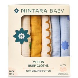 NINTARABABY Burp Cloths - 100% Organic Premium Muslin Cotton, Extra-Large, 22" x 12", 7-Layer Absorbent & Waterproof, Reversible, Soft & Hypoallergenic, Gifts for Newborns, Pack of 6