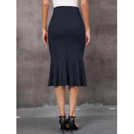 Missufe Women's High Waist Stretch Bodycon Ruffle Wrap Skirt Mermaid Formal Vintage Skirt, darkblue