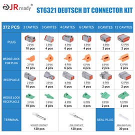 JRready ST6321 DT Deutsch Connector Kit, 2 3 4 6 8 12 Pin Grey DT Connector with Size 16 Stamped Contacts(18-14AWG) 372PCS, Waterproof Deutsch Connectors for Car, Truck, Marine
