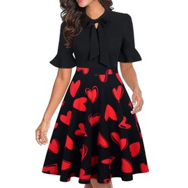 Dresses for Women Red Heart Print Empire Wasit Fit and Flare A Line Womens Short Sleeve Classic Church Travel Vacation Dress M