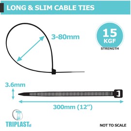 Triplast Essential Black Cable Ties - Pack of 100 x 12" Long Handy Zip Ties (300mm x 3.6mm) - Self Locking Anti-Slip & UV Resistant Nylon Plastic Tie Wraps for Cable Management & Indoor/Outdoor Use