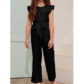 CharmWM Girls Jumpsuit Kids Fashion Cap Sleeve Belted Wide Leg Romper Dressy One Piece Outfits with Pockets