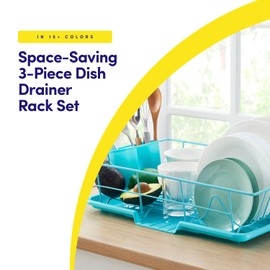 Space-Saving 3-Piece Dish Drainer Rack Set: Efficient Kitchen Organizer for Quick Drying and Storage - Includes Cutlery Holder and Drainboard - Maximize Countertop Space, Turquoise Blue