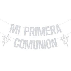 Mi Primera Comunion Banner, My First Holy Communion, Spanish First Communion, Mi Bautizo, Baptism/Christening/Confirmation Party Decorations Silver Glitter