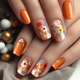 YOSOMMK YOSOMMK Square Press on Nail Short Fake Nails with Cute Flower Designs Nude Glossy Full Cover False Nails Cute Glue on Acrylic Nails for Women and Girls
