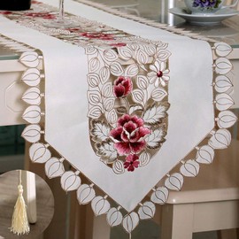 LeLehome 15 Inch X 77 Inch Classic Embroidery Table Runner, Rose Flowers Lace Beige Floral Washable Dresser Scarf Table Top Home Dining Decoration - White Leaves