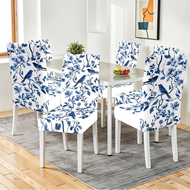 ANNA QUEEN Blue Floral Chair Covers for Dining Room Kitchen