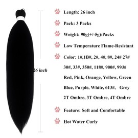 1B Black Braiding Hair Pre Stretched Human Prestretched Prestressed Braiding Hair for Micro Braids Pre Sectioned Separated Spectra Curled Hypoallergenic Braiding Hair Extensions (3 Packs)