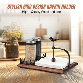 Tocemei Napkin Holder for Table with Unique Bird - shaped Design, Napkin Holder with Salt and Pepper Shakers Storage (Shakers Not Included), Wooden Base, Iron Build.Ideal for Outdoor Use and Kitchens
