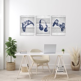 The Kids Room by Stupell Video Gamer Trio Controllers Headset Blue Graphics on Planks Stretched Canvas Wall Art, 3pc, Each 16 x 24, Multi-Colored