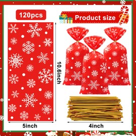 120 PCS Christmas Cellophane Treat Bags White Snowflake Plastic Candy Bags 5 x 10.6 Inch Snowflake Theme Red Goodie Bag with Twist Ties for Winter Christmas Snowflakes Holiday Party Supplies