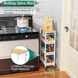 OKZEST Utility Slim Storage Cart, 4-Tier Narrow Kitchen Laundry Room Organization and Storage Cart with Wood Top, Metal Narrow Bathroom Storage Cabinet, Slim Rolling Carts with Wheels for Small Space