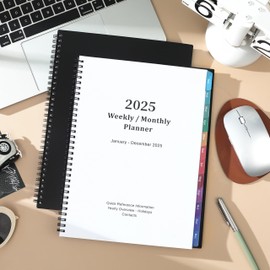2025 Planner/Calendar - 2025 Planner Weekly and Monthly, JAN - DEC 2025 Planner with Coloful Tabs, Writing Paper, Yearly Overview, Spiral Binding - Waterproof Cover (Black, 6.4" x 8.5")