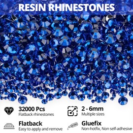 32000Pcs Blue 2,3,4,5,6mm Resin Flatback Rhinestones with B7000 Glue for Bedazzling Crafting and Clothes, Dark Royal Navy Blue Bulk Flat Back Crystal Gem Diamond Kit for Crafts Shoes Hats Clothing