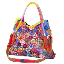 Downupdown Genuine Leather Handbags Purses for Women Floral Shoulder Bags Hobo Handbag Ladies Multicolor Totes Satchel