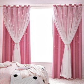 AOWELLOW 2 Panels Pink Star Blackout Curtains 84 inches Long, Privacy Light Filtering Cute Drapes for Kids Bedroom, Thick Grommet Double Layer Nursery Princess Curtains for Glass Door (W52 X L84)