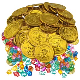 100 Pieces Pirate Treasure, Treasure Chest Children's Birthday, Gemstones for Children, 50 Pieces Pirate Coins with 50 Pieces Children's Pirate Gemstones for Children, Pirate Party Bags, Treasure Hunt