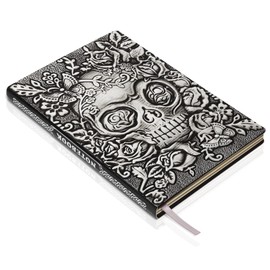 Skull Embossed Leather Journal Notebook - 3D Handmade Vintage Notebooks Travel Diary with Lined Paper Antique Leather Sketchbook Writing Journals for Women & Men (A5, Silver)