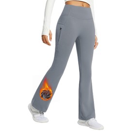 BALEAF Women's Fleece Lined Pants Winter Thermal Warm Yoga Pants Flare Leggings Waterproof Warm Bell Bottom Leggings with Pockets 29'' Grey L