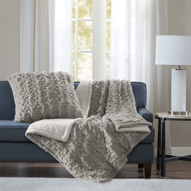 Madison Park Ruched Fur Luxury Throw Grey 5060 Premium Soft Cozy Brushed Long Fur For Bed, Coach or Sofa