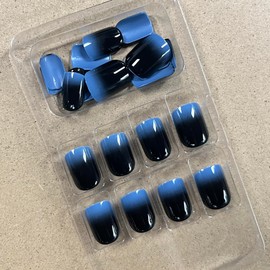 MERVF Square Press on Nails Short Fake Nails Press ons Ombre Blue French Tip Glue on Nails Black Squoval Acrylic False Nails with Design Glossy 24pcs