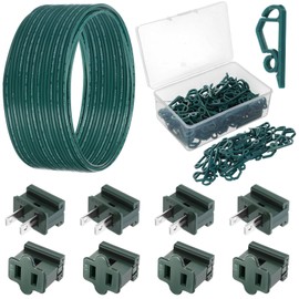 Yoojahow 109 Pcs SPT-2 50ft Christmas Electrical Wire with Female and Male Vampire Plugs & Light Clip Weatherproof 18awg 2-Conductor Wire for Christmas LED Lighting Holiday Party Supplies (Green)