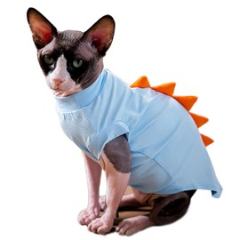 DENTRUN Sphynx Cat Clothes, Cute Dinosaur Design Hairless Cat Costume, Breathable Cotton Shirts Cat Clothes for Cats Only, Round Collar Kitten Daily T-Shirts with Sleeves, Cats Funny Cosplay Apparel