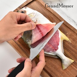 GrandMesser Boning & Fillet Knife, 6" Deboning Knife, Fish Knife for Meat Poultry Cutting, Unique Ergonomic Handle Design.