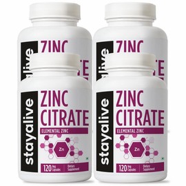 Stayalive Zinc Citrate Capsules 44mg High Absorption Non-GMO & Gluten Free 100% Pure Zinc Supplement for Men and Women, 4 Count, 120 Tablets / Stayalive 구연산 아연 캡슐 44mg 고흡수 비GMO & 글루텐 프리 남녀용 100% 순수 아연 보충제, 4개, 120정