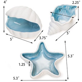 TOPZEA 3 Pack Ceramic Jewelry Tray, Conch Starfish Aqua Shell Shaped Trinket Dish Ocean Themed Trinket Plate Decorative Earring Rings Bracelet Holder for Dresser, Bedroom, Entryway, Beach Room Decor