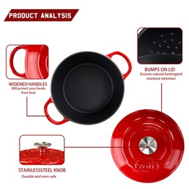 AILIBOO 4 Quart Enameled Cast Iron Dutch Oven with Lid – Dual Handles –Oven Safe up to 500° F – Sturdy Dutch Oven Cookware – Solid Red