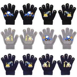 QKURT 6 Pairs of Children's Magic Gloves, Winter Thermal Gloves Full Fingers Kid’s Gloves Dinosaurs/Excavator Pattern fit for Boys Girls