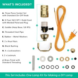 I Like That Lamp DIY Lamp Wiring Kit, Glossy Brass Socket & 12FT Gold Cord (1 Pack), For Making & Fixing Table or Floor Lamps, Repair & Rewire Antique Lighting Fixtures, Complete Hardware Set