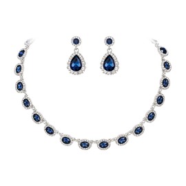 Clearine Prom Costume Jewellery, Oval Crystal Collar Statement Necklace Teardrop Pierced Dangle Earrings Weddding Jewellery Set for Women Bridal Bridesmaids Sapphire Silver-Tone