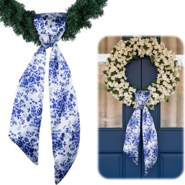 YKW Wreath Sash for Front Door Blue Rose Floral Chinoiserie Decor 55x5 Inch Ribbon Accessories Garland Bow Monogram Home Party Yard Indoor Outdoor Decoration (Chinoiserie Blue Floral)