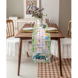 Easter Gnome Table Runners 90 inches Long, Blue Truck Easter Rabbit Pink Green Plaid Table Runner Farmhouse Dresser Scarves,Decortaive Table Runner Cover for Dining Coffee Table Holiday Party Wedding