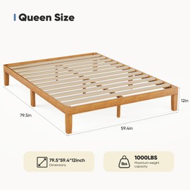 Queen Size Japanese Natural Color Pine Bed Frame, 8.5"Storage Space Wood Platform Bed, 1000lbs Heavy Duty, Without Headboard No Box Spring Needed Easy to Assemble Noiseless (Natural, Queen)