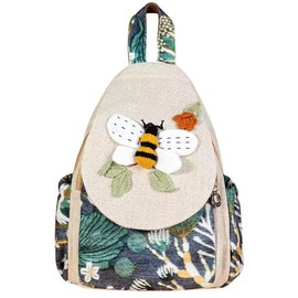 HUANGGUOSHU Boho and Hippie Small Canvas Backpack Purse for Women - Convertible Sling Bag, Embroidered and Woven Tapestry Patterns Bee