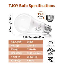 TJOY LED Light Bulbs, 100 Watt Equivalent A19 LED Bulbs, Soft Warm White 2700K, Energy Saving Light Bulb with E26 Standard Base, 1500 Lumens Non Dimmable Lamp Bulb for Home Bedroom Kitchen, 3 Pack
