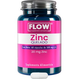 Zinc Quelado - 60 cápsulas de 500 mg c/u - Suministro para 2 meses - Suplemento Alimenticio - Libre de Azúcares, Aditivos y Gluten - Flow Supplements