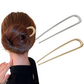 2 Pieces French Hair Pins, U Shape Metal Hair Pins, French Hair Pin with Twist, French Hair Fork for Women and Girls, Hair Types, Styling Hair Accessories (Gold, Silver)