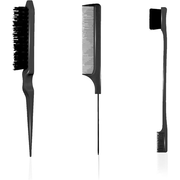 Sleek Bun Brush Set with Double Edge Brush, Toupee Brush and Pointed Tail Comb, Teasing Hair Brush Set and Rat Tail Comb Bristles for Women, Children and Hairdressers (Black)