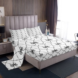 Erosebridal Bowknot Bed Sheets Set King Bow Knot Sheet Set for Kids Butterfly Knot Bow Tie Sheets Aesthetic Coquette Bedroom Decor Geometric Cartoon Black Grey Flat Fitted Sheet