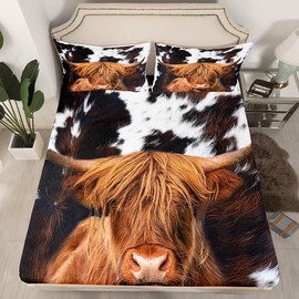 Homewish Highland Cattle Fitted Sheet Twin,Cow Fur Bedding Set 2pcs for Kids Teens Adult Room Decor,Farmhouse Animals Cowhide Bed Cover Black White Brown Rustic Bed Sheet Set with 1 Pillowcase